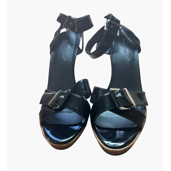 Pierre Dumas 9 Black Patent Leather High Stiletto Heel Sandals Ankle Strap - Picture 1 of 7